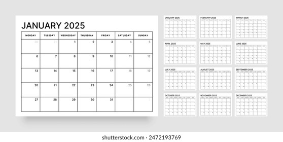 Monthly calendar template for 2025 year. Diary planner in a minimalist style. Week Starts on Monday. 