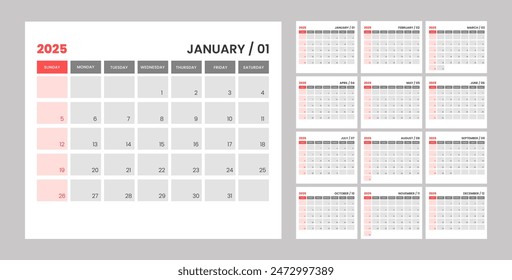 Monthly calendar template for 2025 year. Editable text calendar 2025. Wall calendar in a minimalist style. Week Starts on Sunday. Planner for 2025 year.