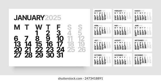 Monthly calendar template for 2025 year. Wall calendar in a minimalist style. Week Starts on Monday. 