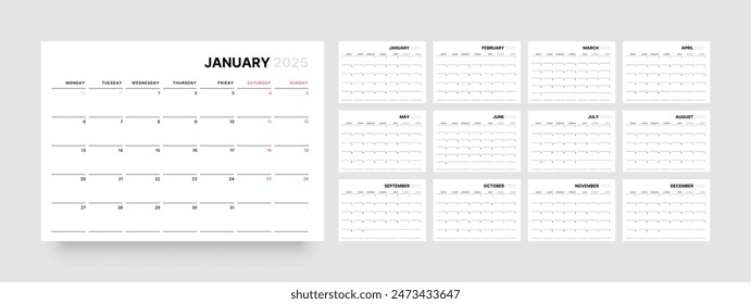 Monthly calendar template for 2025 year. Diary planner in a minimalist style. Week Starts on Monday. 