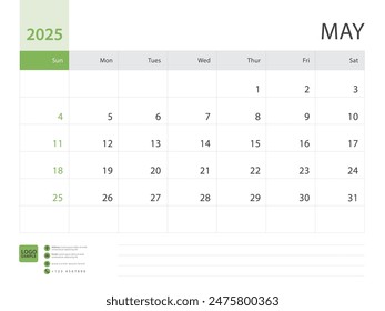 Monthly calendar template for 2025 year, May design, Planner, Desk calendar 2025 design, Week Starts on Sunday, Wall calendar 2025 design in a minimalist style, printing media, vector eps10