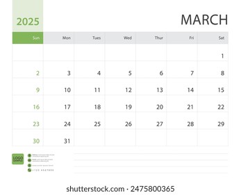 Monthly calendar template for 2025 year, March design, Planner, Desk calendar 2025 design, Week Starts on Sunday, Wall calendar 2025 design in a minimalist style, printing media, vector eps10