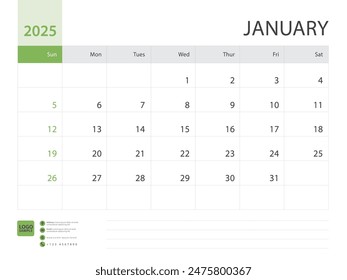 Monthly calendar template for 2025 year, January design, Planner, Desk calendar 2025 design, Week Starts on Sunday, Wall calendar 2025 design in a minimalist style, printing media, vector eps10