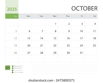 Monthly calendar template for 2025 year, October design, Planner, Desk calendar 2025 design, Week Starts on Sunday, Wall calendar 2025 design in a minimalist style, printing media, vector eps10