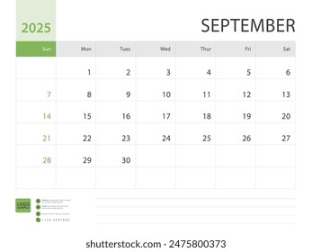 Monthly calendar template for 2025 year, September design, Planner, Desk calendar 2025 design, Week Starts on Sunday, Wall calendar 2025 design in a minimalist style, printing media, vector eps10