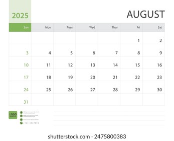 Monthly calendar template for 2025 year, August design, Planner, Desk calendar 2025 design, Week Starts on Sunday, Wall calendar 2025 design in a minimalist style, printing media, vector eps10