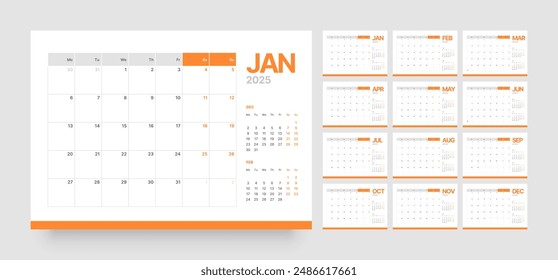 Monthly calendar template for 2025 year. Diary planner in a minimalist style. Week Starts on Monday. 