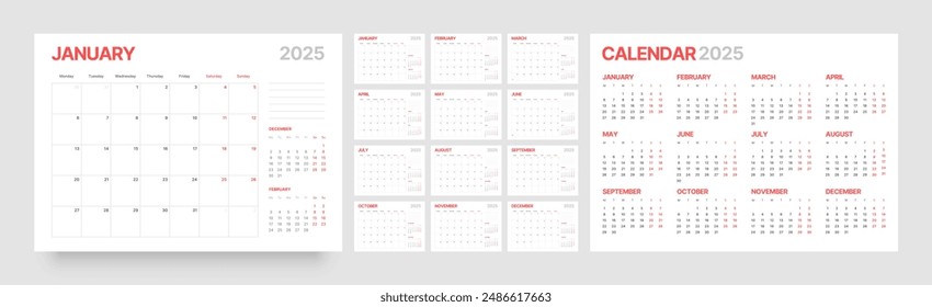 Monthly calendar template for 2025 year. Diary planner in a minimalist style. Week Starts on Monday. 