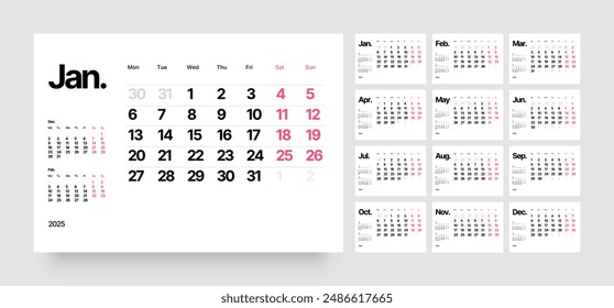 Monthly calendar template for 2025 year. Wall calendar in a minimalist style. Week Starts on Monday. 