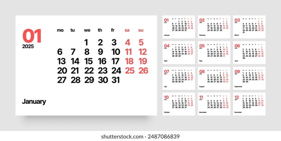 Monthly calendar template for 2025 year. Wall calendar in a minimalist style. Week Starts on Monday. 