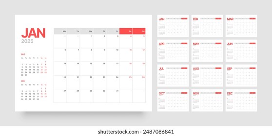 Monthly calendar template for 2025 year. Diary planner in a minimalist style. Week Starts on Monday. 