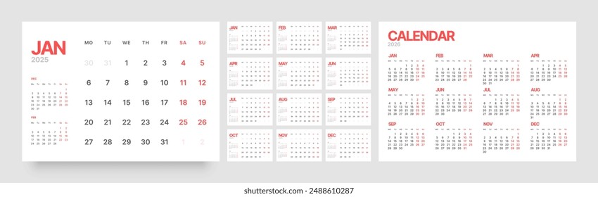 Monthly calendar template for 2025 year. Diary planner in a minimalist style. Week Starts on Monday. 