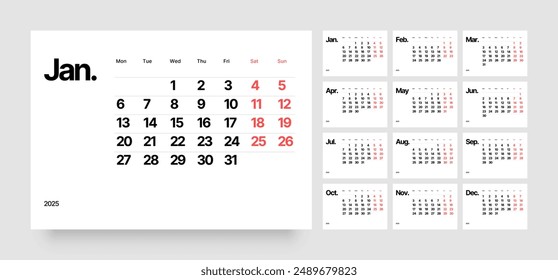 Monthly calendar template for 2025 year. Wall calendar in a minimalist style. Week Starts on Monday. 