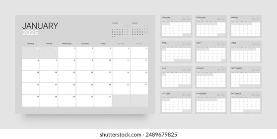 Monthly calendar template for 2025 year. Diary planner in a minimalist style. Week Starts on Monday. 