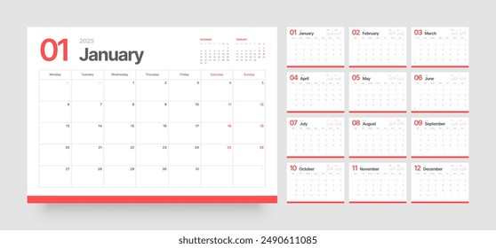 Monthly calendar template for 2025 year. Diary planner in a minimalist style. Week Starts on Monday. 