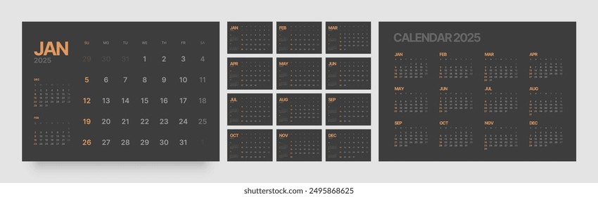 Monthly calendar template for 2025 year. Wall calendar in dark color. Week Starts on Sunday. 