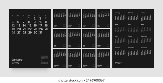 Monthly calendar template for 2025 year. Wall or desk calendar in dark color. Week Starts on Sunday. 