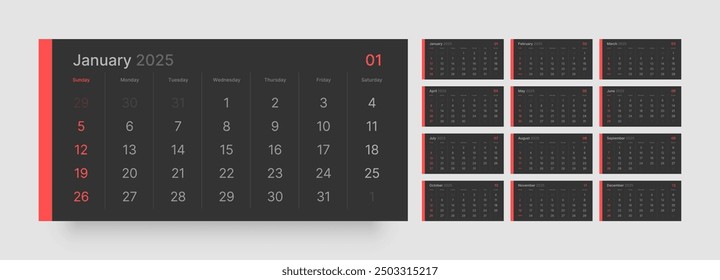 Monthly calendar template for 2025 year. Quarterly calendar in dark color. Week Starts on Sunday. 