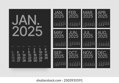 Monthly calendar template for 2025 year. Wall or desk calendar in dark color. Diary planner for 2025 year. Week Starts on Sunday. 