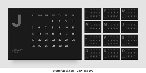 Monthly calendar template for 2025 year. Wall or desk calendar in dark color. Week Starts on Sunday. 