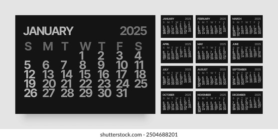Monthly calendar template for 2025 year. Wall or desk calendar in dark color. Week Starts on Sunday. 