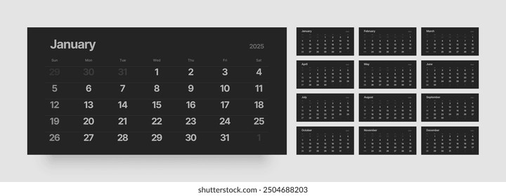 Monthly calendar template for 2025 year. Wall or desk calendar in dark color. Week Starts on Sunday. 