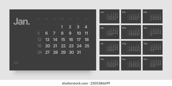 Monthly calendar template for 2025 year. Wall or desk calendar in dark color. Week Starts on Sunday. 