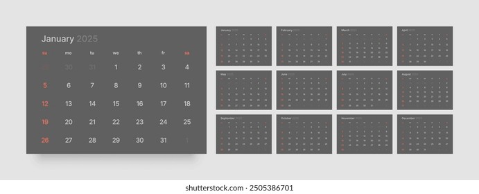 Monthly calendar template for 2025 year. Wall or desk calendar in dark color. Week Starts on Sunday. 