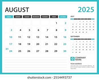 Monthly calendar template for 2025 year. August 2025 year, Week Starts on Sunday, Desk calendar 2025 design, Wall calendar, planner design, stationery, printing media, advertisement, vector