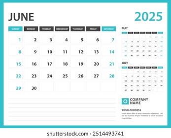 Monthly calendar template for 2025 year. June 2025 year, Week Starts on Sunday, Desk calendar 2025 design, Wall calendar, planner design, stationery, printing media, advertisement, vector