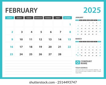 Monthly calendar template for 2025 year. February 2025 year, Week Starts on Sunday, Desk calendar 2025 design, Wall calendar, planner design, stationery, printing media, advertisement, vector
