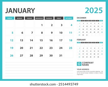 Monthly calendar template for 2025 year. January 2025 year, Week Starts on Sunday, Desk calendar 2025 design, Wall calendar, planner design, stationery, printing media, advertisement, vector