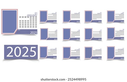 Modelo de calendário mensal para 2025 ano. Design de layout de calendário de tabela