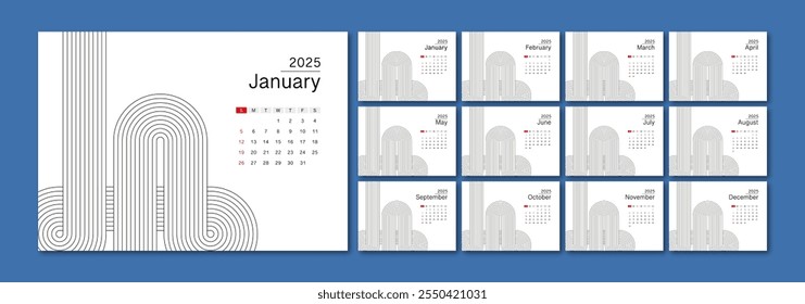 Modelo de calendário mensal para 2025 ano. Calendário de parede em um estilo minimalista. A semana começa no domingo.