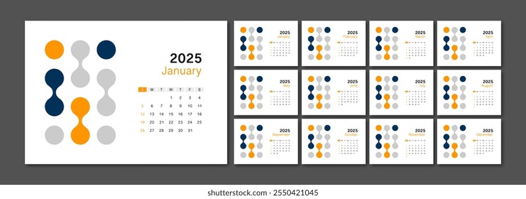 Monthly calendar template for 2025 year. Week Starts on Sunday. Wall calendar 2025 in a minimalist style. Set of 12 months. Desk calendar 2025. Planner. printing template. office organizer. vector 10 