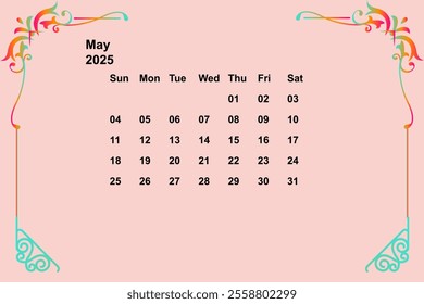 Monthly calendar template for 2025 year. Wall or desk calendar in a minimalist style