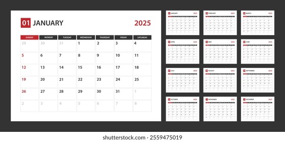 Monthly calendar template for 2025 year , Week Starts on Sunday , Wall calendar in a minimalist style.