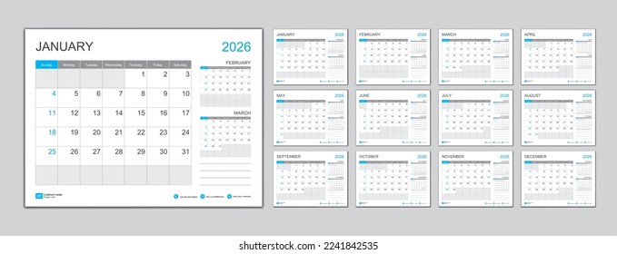 Plantilla de calendario mensual para 2026 año, Planner 2026 año, Week Comienza el domingo. Calendario de pared con un estilo minimalista, plantilla de calendario de escritorio 2026, diseño de calendario de año nuevo, vector de plantillas de negocio