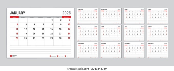 Monthly calendar template for 2026 year, Week Starts on sunday, Planner 2026 year, Wall calendar in a minimalist style, desk calendar 2026 template, New Year Calendar Design, Business template Vector
