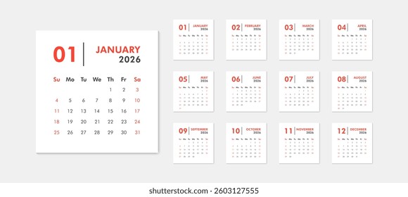 Monthly calendar template for 2026 year. Week starts on Sunday. Desk or wall calendar in minimal style