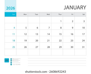 Monthly calendar template for 2026 year, January 2026 design, Planner, Desk calendar 2026 design, Week Starts on Sunday, Wall calendar design, minimalist style, printing media, simple, vector