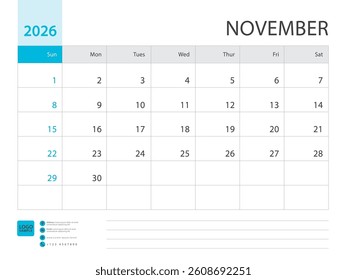 Monthly calendar template for 2026 year, November 2026 design, Planner, Desk calendar 2026 design, Week Starts on Sunday, Wall calendar design, minimalist style, printing media, simple, vector