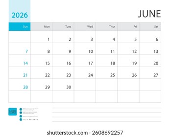 Monthly calendar template for 2026 year, June 2026 design, Planner, Desk calendar 2026 design, Week Starts on Sunday, Wall calendar design, minimalist style, printing media, simple, vector