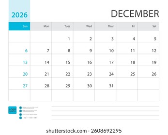 Monthly calendar template for 2026 year, December 2026 design, Planner, Desk calendar 2026 design, Week Starts on Sunday, Wall calendar design, minimalist style, printing media, simple, vector