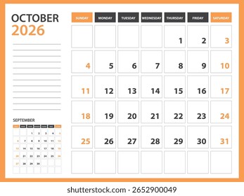 Modelo de calendário mensal para 2026 ano - outubro 2026 ano, Semana Começa no domingo, Calendário de mesa 2026 projeto, Calendário de parede, design do planejador, artigos de papelaria, mídia de impressão, Fundo laranja, vetor
