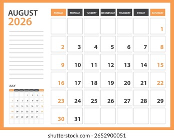 Modelo de calendário mensal para 2026 ano - agosto 2026 ano, Semana Começa no domingo, Calendário de mesa 2026 projeto, Calendário de parede, design do planejador, artigos de papelaria, mídia de impressão, Fundo laranja, vetor