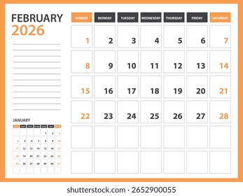 Monthly calendar template for 2026 year - February 2026  year, Week Starts on Sunday, Desk calendar 2026 design, Wall calendar, planner design, stationery, printing media, Orange background, vector