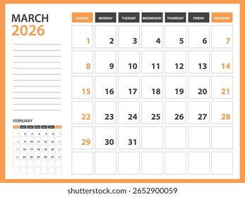Modelo de calendário mensal para 2026 ano - março 2026 ano, Semana Começa no domingo, Calendário de mesa 2026 projeto, Calendário de parede, design do planejador, artigos de papelaria, mídia de impressão, Fundo laranja, vetor