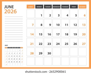 Modelo de calendário mensal para 2026 ano - junho 2026 ano, Semana Começa no domingo, Calendário de mesa 2026 projeto, Calendário de parede, design do planejador, artigos de papelaria, mídia de impressão, Fundo laranja, vetor