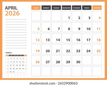 Modelo de calendário mensal para 2026 ano - abril 2026 ano, Semana Começa no domingo, Calendário de mesa 2026 projeto, Calendário de parede, design do planejador, artigos de papelaria, mídia de impressão, Fundo laranja, vetor